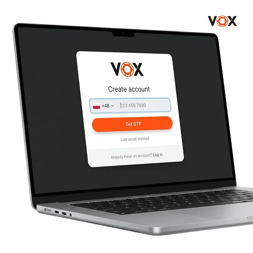 Ekran rejestracji VOX casino z formularzem logowania i opcjami założenia konta w polskiej wersji serwisu