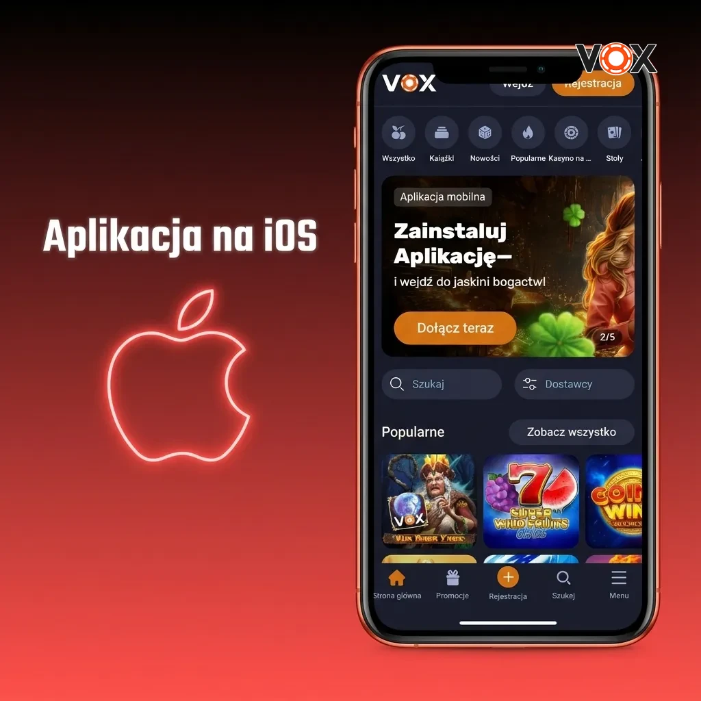 Ikona aplikacji VOX na ekranie iPhone'a z App Store, ilustracja procesu instalacji na iOS